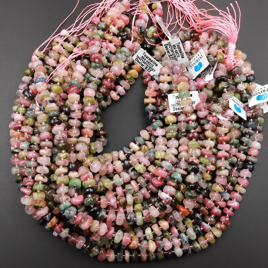 Natural Pink Green Tourmaline Beads Freeform Center Drilled 8mm 10mm Rondelle Disc Organic Cut Nuggets 15.5" Strand