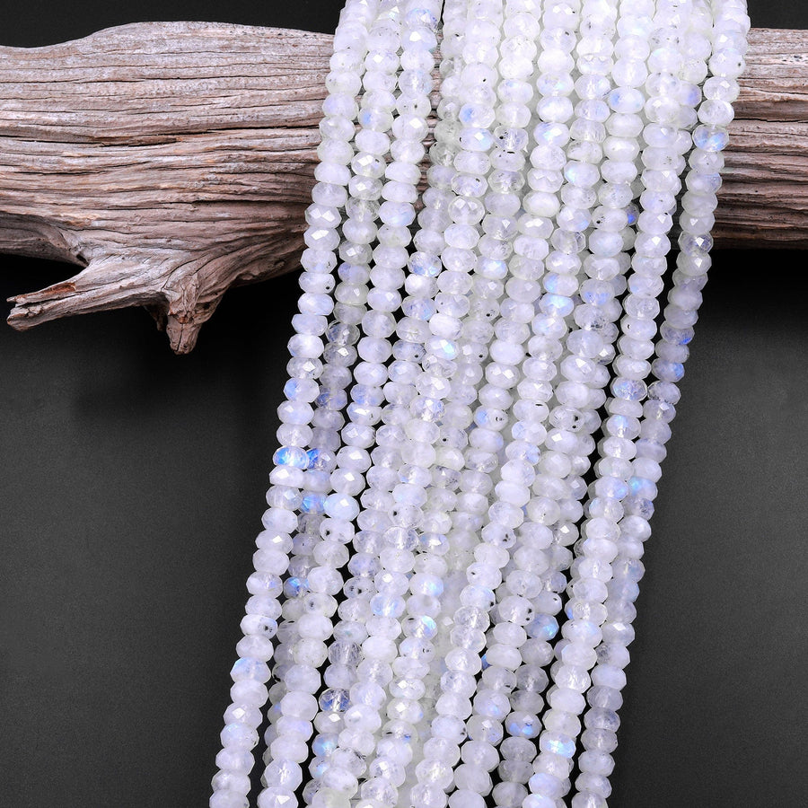 Natural Rainbow Moonstone Faceted Rondelle Beads 4mm 6mm 8mm High Quality Blue Flashes 15.5" Strand