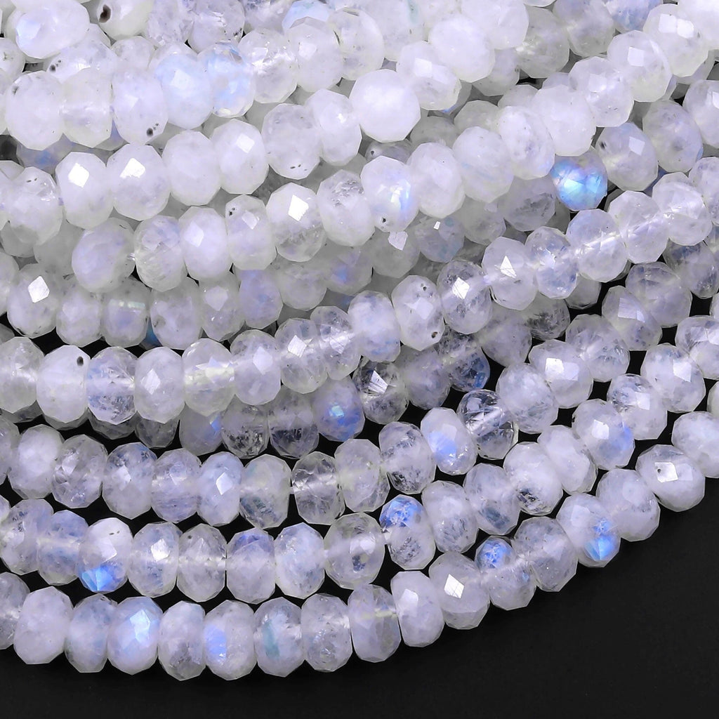 Natural Rainbow Moonstone Faceted Rondelle Beads 4mm 6mm 8mm High Quality Blue Flashes 15.5" Strand