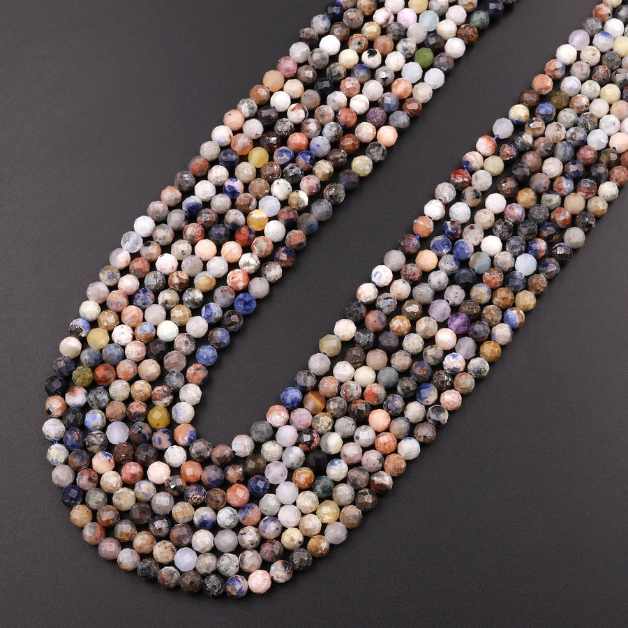 Faceted Natural Orange Blue Sodalite 4mm Round Beads Micro Cut Gemstone 15.5" Strand