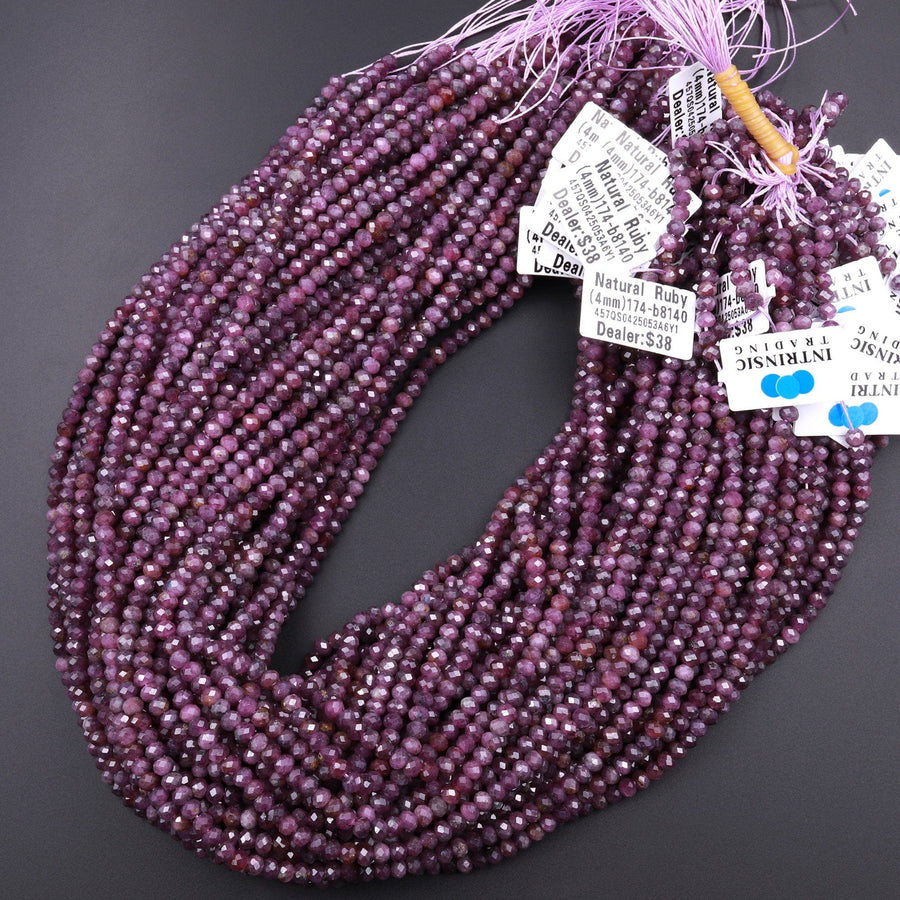 Real Genuine Natural Purple Red Ruby Gemstone Faceted 4mm Rondelle Beads 15.5" Strand