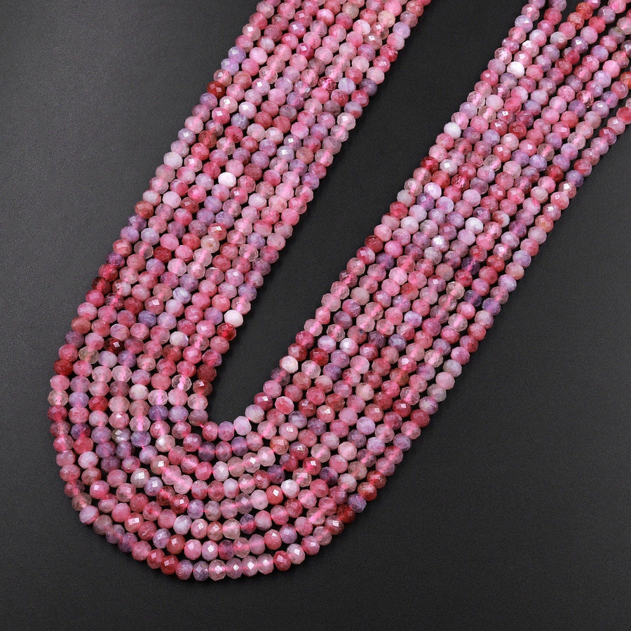 Faceted Natural Pink Tourmaline Rondelle 4mm Beads Diamond Cut Gemstone 15.5" Strand