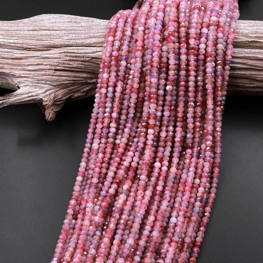 Faceted Natural Pink Tourmaline Rondelle 4mm Beads Diamond Cut Gemstone 15.5" Strand