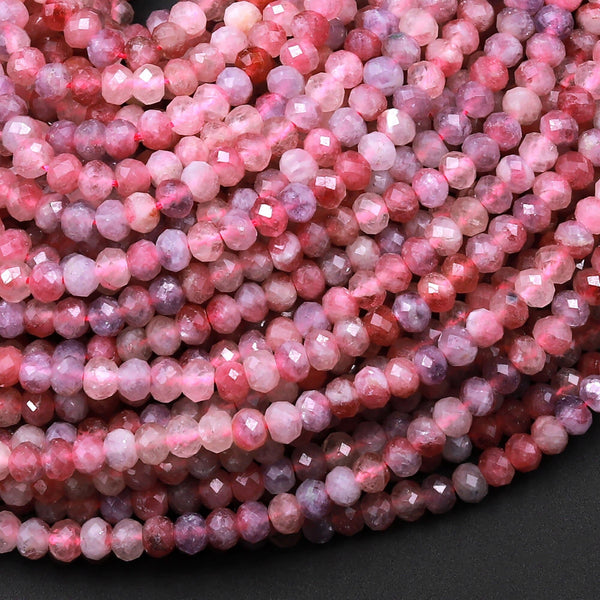 Faceted Natural Pink Tourmaline Rondelle 4mm Beads Diamond Cut Gemstone 15.5" Strand