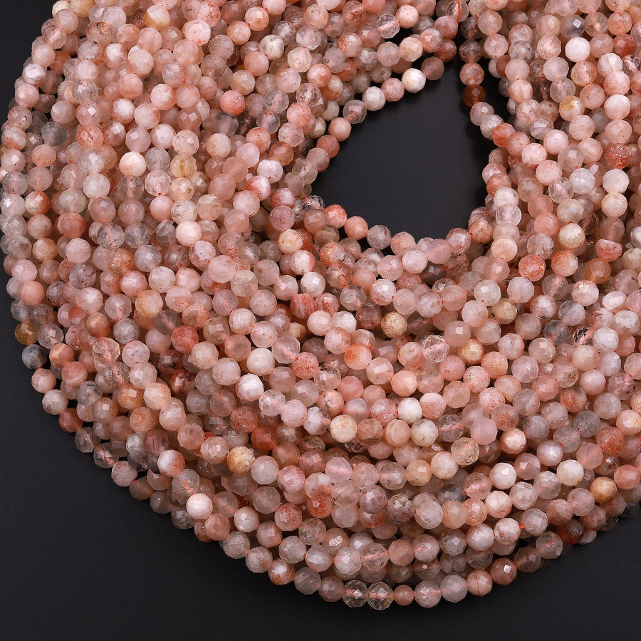 Micro Faceted Natural Sunstone Round Beads 5mm 6mm Sparkling Diamond Cut Gemstone 15.5" Strand