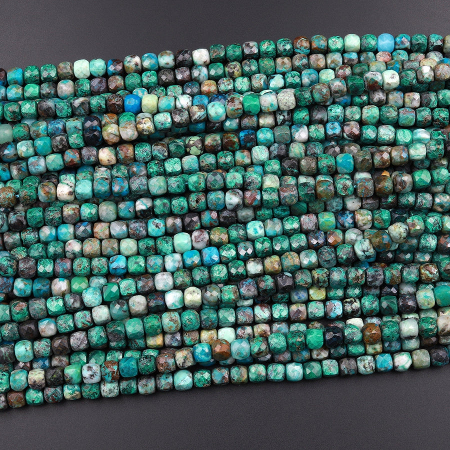 Natural Green Chrysocolla Faceted 4mm 5mm Cube Dice Square Beads Micro Faceted Laser Diamond Cut 15.5" Strand