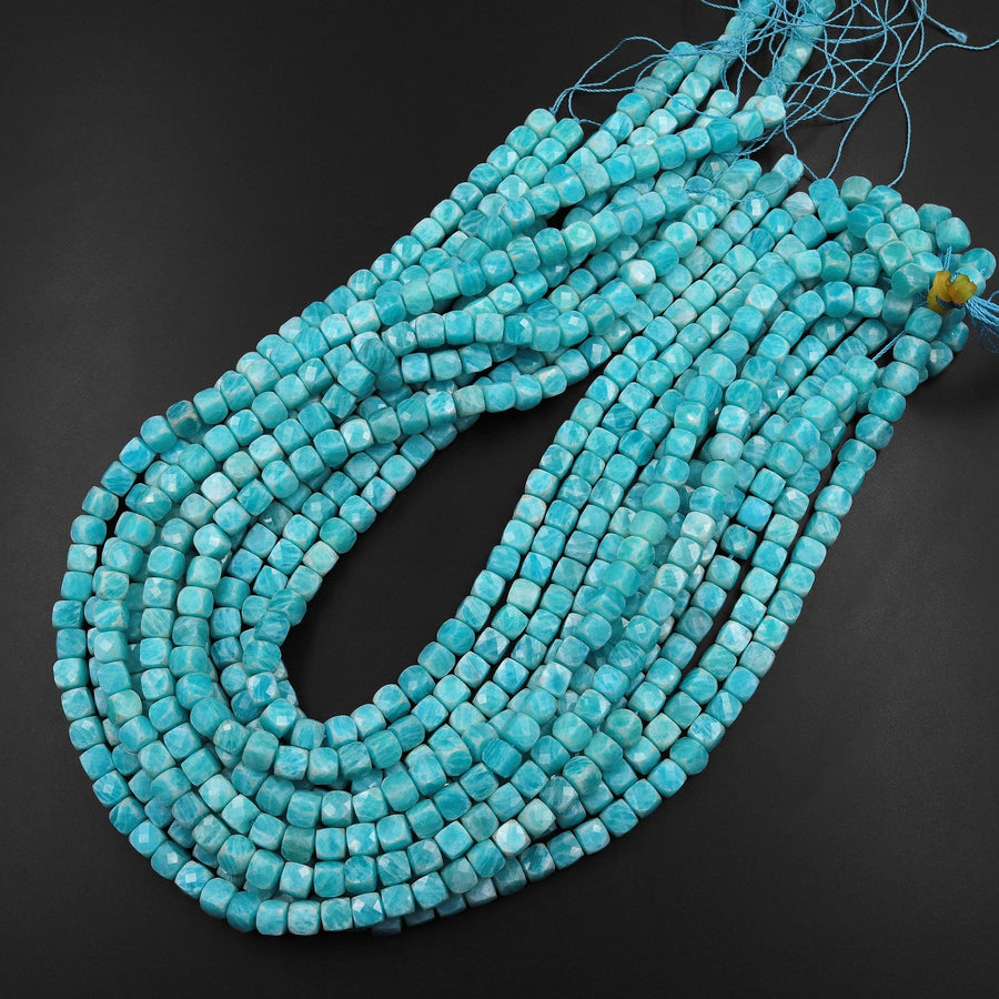 Natural Russian Amazonite Faceted 6mm Cube Dice Square Beads Strand