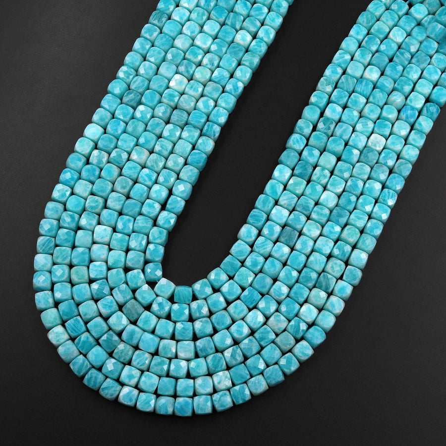 Natural Russian Amazonite Faceted 6mm Cube Dice Square Beads Strand