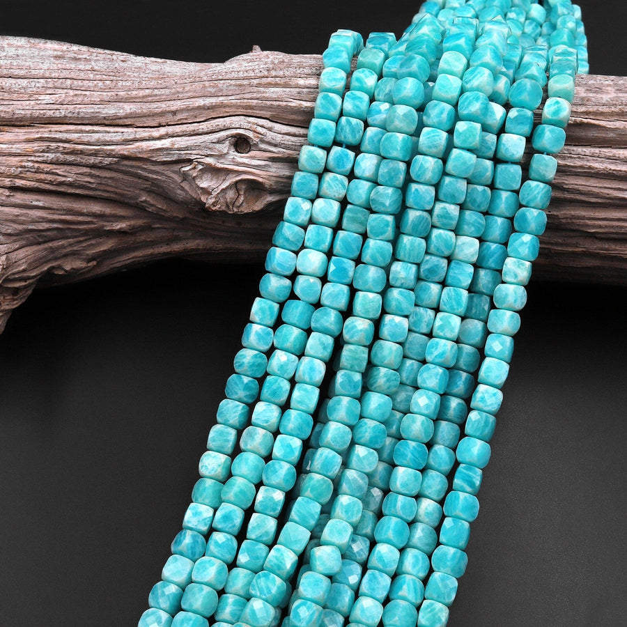 Natural Russian Amazonite Faceted 6mm Cube Dice Square Beads Strand