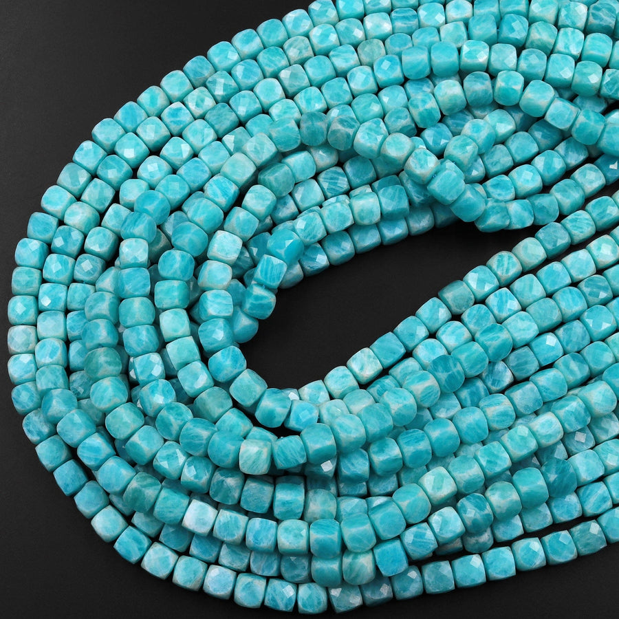 Natural Russian Amazonite Faceted 6mm Cube Dice Square Beads Strand