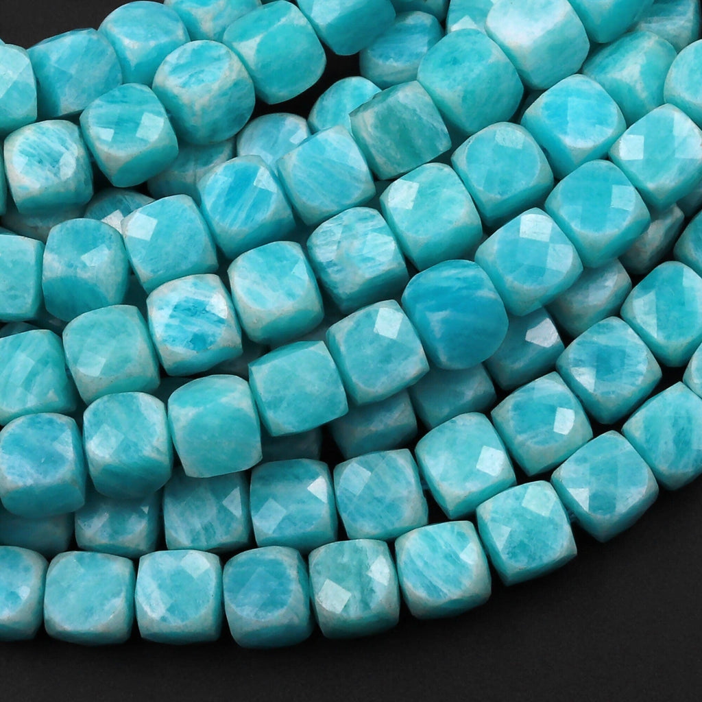Natural Russian Amazonite Faceted 6mm Cube Dice Square Beads Strand