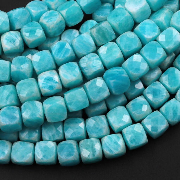 Natural Russian Amazonite Faceted 6mm Cube Dice Square Beads Strand
