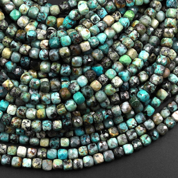 Natural African Turquoise Faceted 4mm Cube Dice Square Beads Micro Faceted Laser Diamond Cut 15.5" Strand