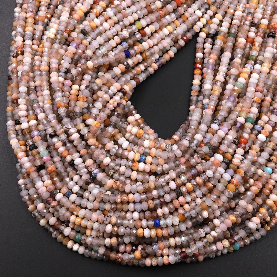 Faceted Multicolor Peach Moonstone 4mm Rondelle Beads 15.5" Strand