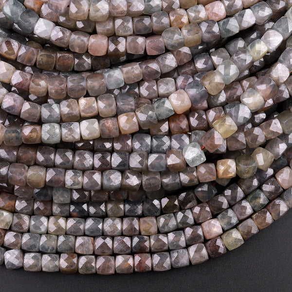 Genuine Natural Smoky Grey Blue Sapphire 4mm Faceted Cube Square Dice Beads 15.5" Strand