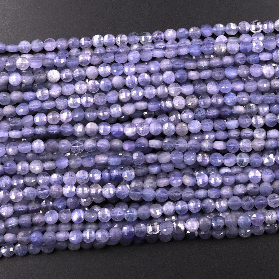 Faceted Natural Tanzanite Coin Beads 3mm 4mm Flat Disc Dazzling Micro Diamond Cut 15.5" Strand