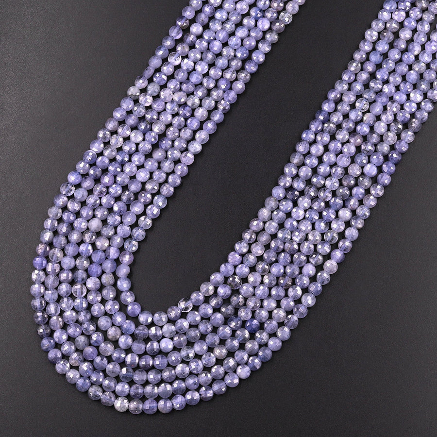 Faceted Natural Tanzanite Coin Beads 3mm 4mm Flat Disc Dazzling Micro Diamond Cut 15.5" Strand