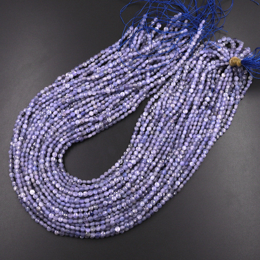 Faceted Natural Tanzanite Coin Beads 3mm 4mm Flat Disc Dazzling Micro Diamond Cut 15.5" Strand
