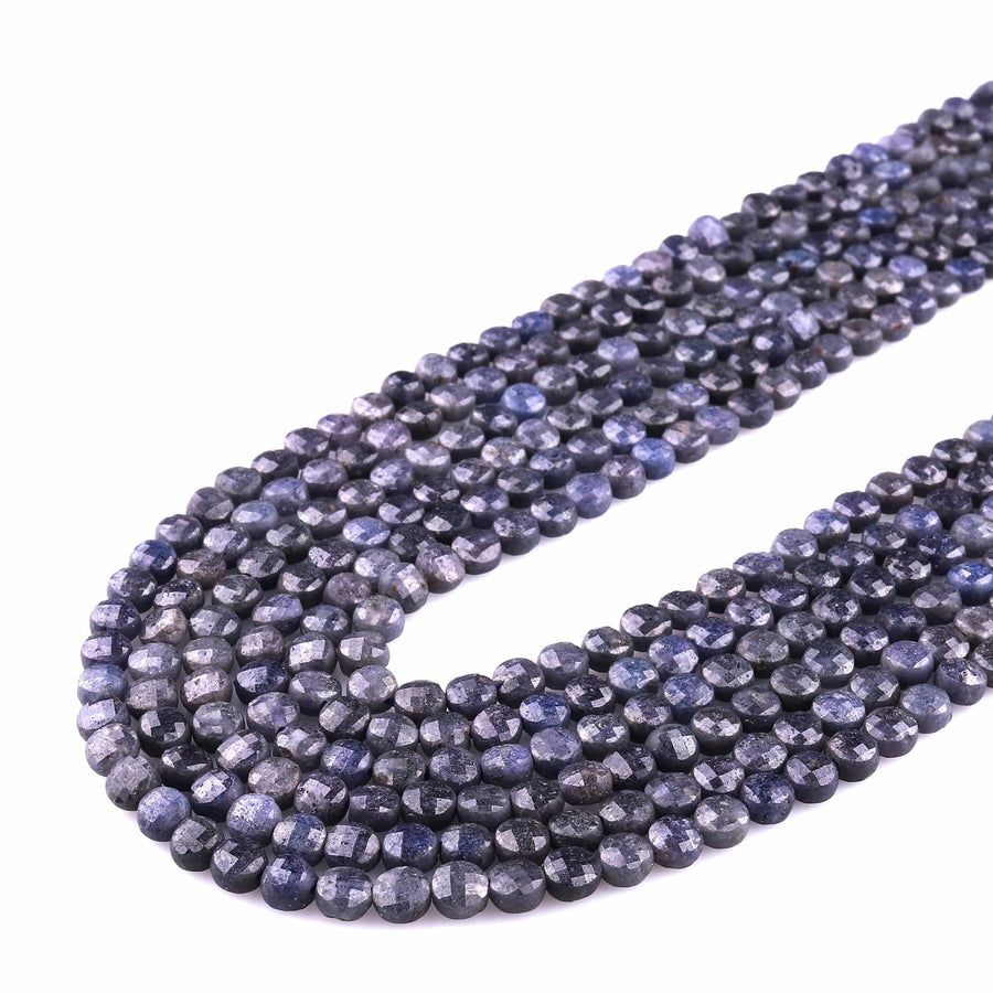 Faceted Natural Blue Sapphire Coin Beads 3mm 4mm Flat Disc Dazzling Micro Diamond Cut 15.5" Strand
