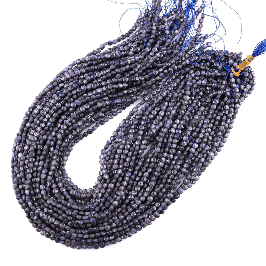 Faceted Natural Blue Sapphire Coin Beads 3mm 4mm Flat Disc Dazzling Micro Diamond Cut 15.5" Strand
