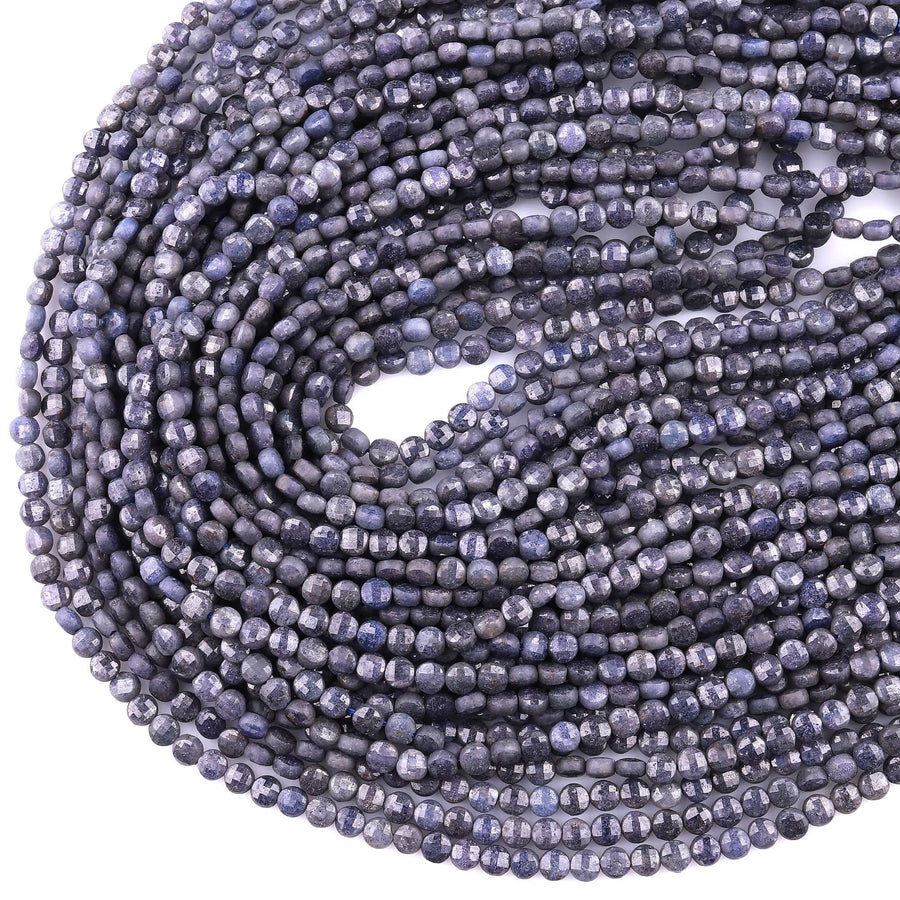 Faceted Natural Blue Sapphire Coin Beads 3mm 4mm Flat Disc Dazzling Micro Diamond Cut 15.5" Strand