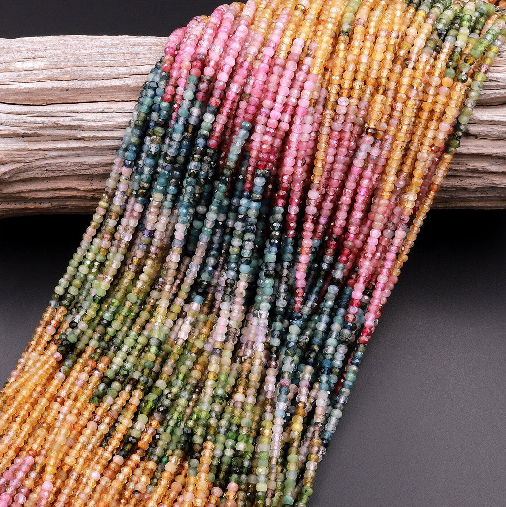 Natural Multicolor Tourmaline Micro Faceted 3mm Rondelle Beads Pink Green Blue Yellow Cognac Gemstone 15.5" Strand