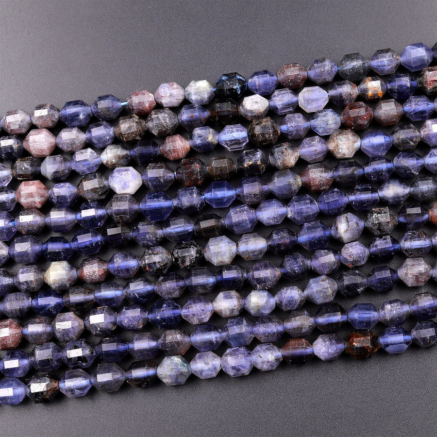 Natural Sunstone Iolite 6mm Beads Rounded Faceted Energy Prism Double Terminated Points 15.5" Strand