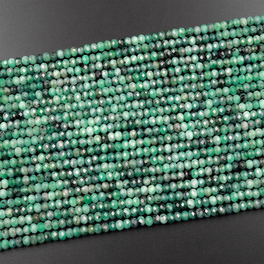 Real Genuine Natural Green Emerald Gemstone Faceted 4mm Rondelle Beads Laser Diamond Cut Gemstone May Birthstone 15.5" Strand