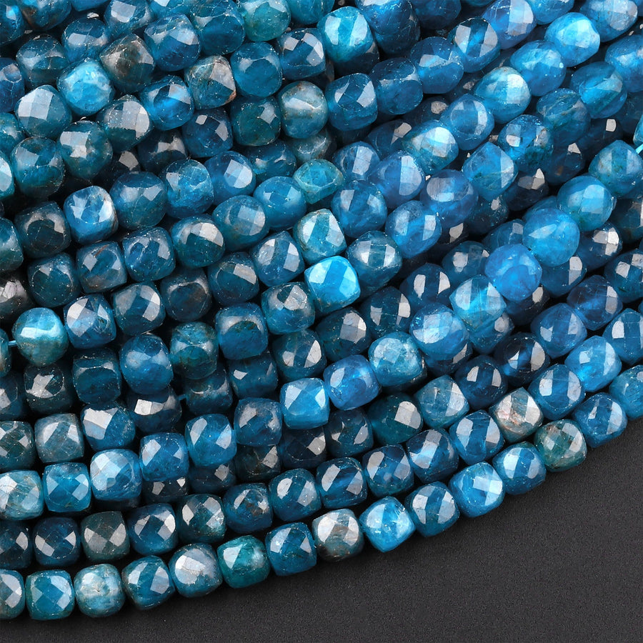 Natural Blue Apatite Faceted 4mm Cube Beads Gemstone Dice 15.5" Strand