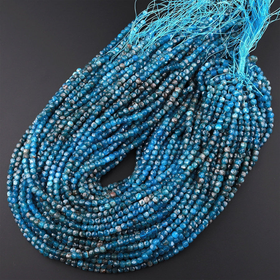 Natural Blue Apatite Faceted 4mm Cube Beads Gemstone Dice 15.5" Strand