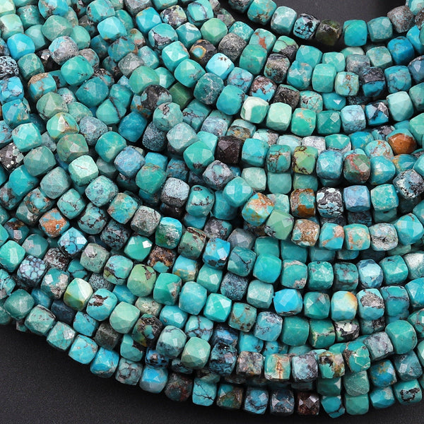 AA Natural Turquoise Faceted 4mm Cube Beads Real Genuine Natural Blue Green Turquoise Micro Faceted Laser Diamond Cut 15.5" Strand