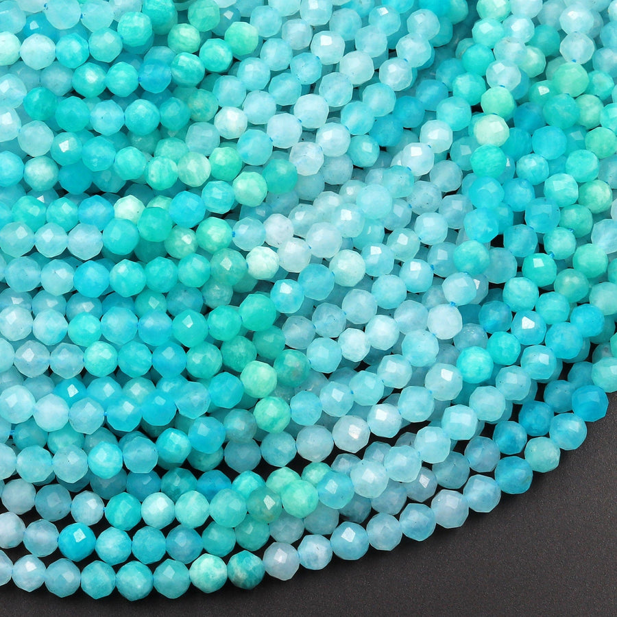AAA Peruvian Amazonite 4mm Faceted Round Beads Multi Shaded Natural Sea Blue Gemstone Micro Laser Diamond Cut 15.5" Strand