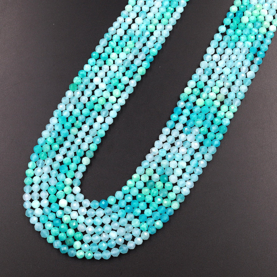 AAA Peruvian Amazonite 4mm Faceted Round Beads Multi Shaded Natural Sea Blue Gemstone Micro Laser Diamond Cut 15.5" Strand