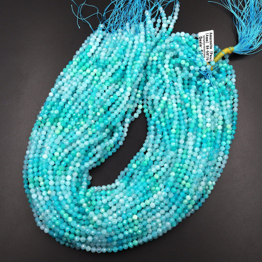 AAA Peruvian Amazonite 4mm Faceted Round Beads Multi Shaded Natural Sea Blue Gemstone Micro Laser Diamond Cut 15.5" Strand