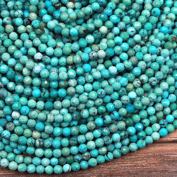 Natural Turquoise 3mm Faceted Round Beads Real Genuine Bright Aqua Blue Turquoise Micro Diamond Cut 15.5" Strand