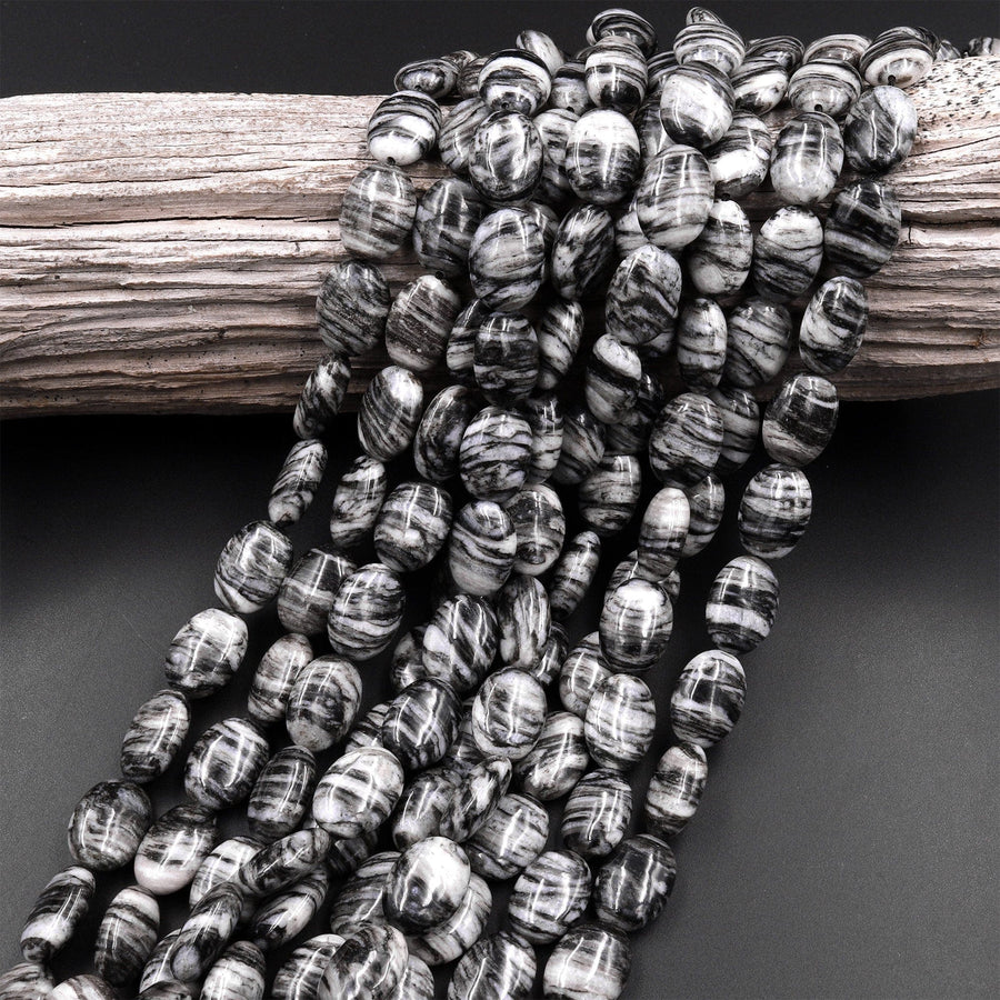 AAA Natural Black Web Jasper Oval Beads 10x14mm 15.5" Strand