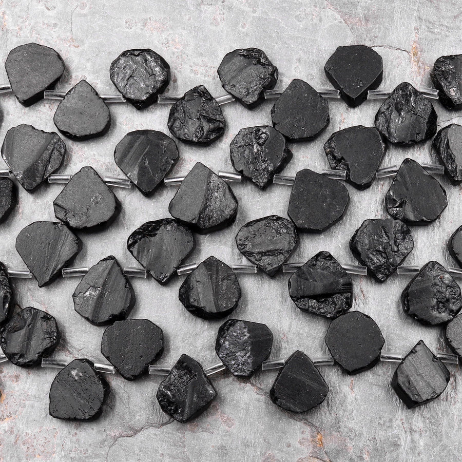 Raw Natural Black Tourmaline Beads Teardrop Shape Real Genuine Black Tourmaline Crystal Gemstones 15.5" Strand