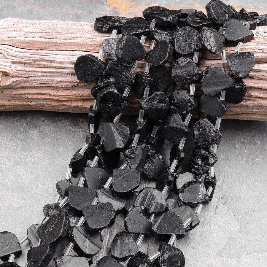 Raw Natural Black Tourmaline Beads Teardrop Shape Real Genuine Black Tourmaline Crystal Gemstones 15.5" Strand