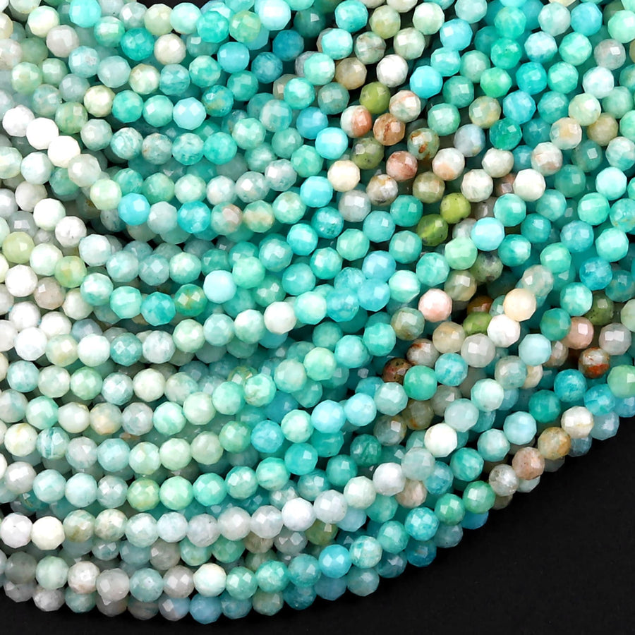 Peruvian Amazonite 3mm Faceted Round Beads Multi Shaded Natural Sea Blue Green Gemstone Micro Laser Diamond Cut 15.5" Strand