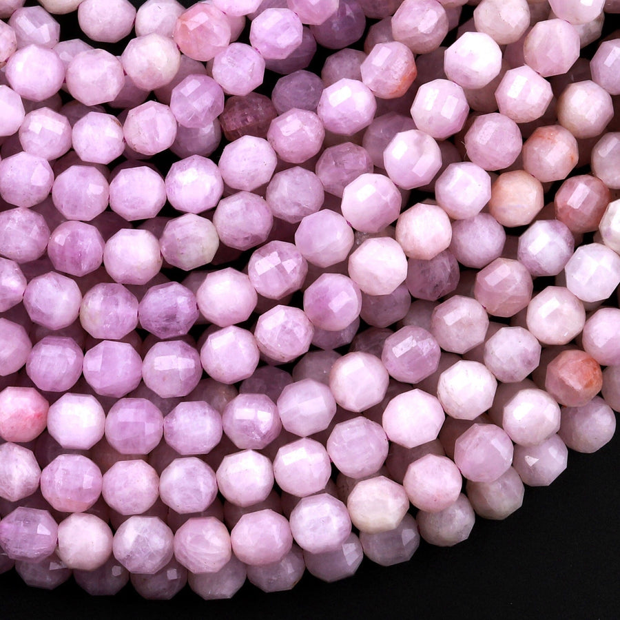 Faceted Natural Kunzite 5mm 6mm Rounded Prism Beads Pink Purple Gemstone Double Point Cut 15.5" Strand