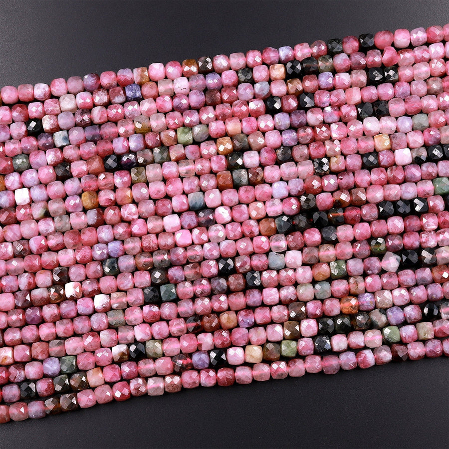 Natural Pink Tourmaline Faceted 4mm Cube Square Dice Beads Gemstone 15.5" Strand