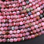 Natural Pink Tourmaline Faceted 4mm Cube Square Dice Beads Gemstone 15.5" Strand