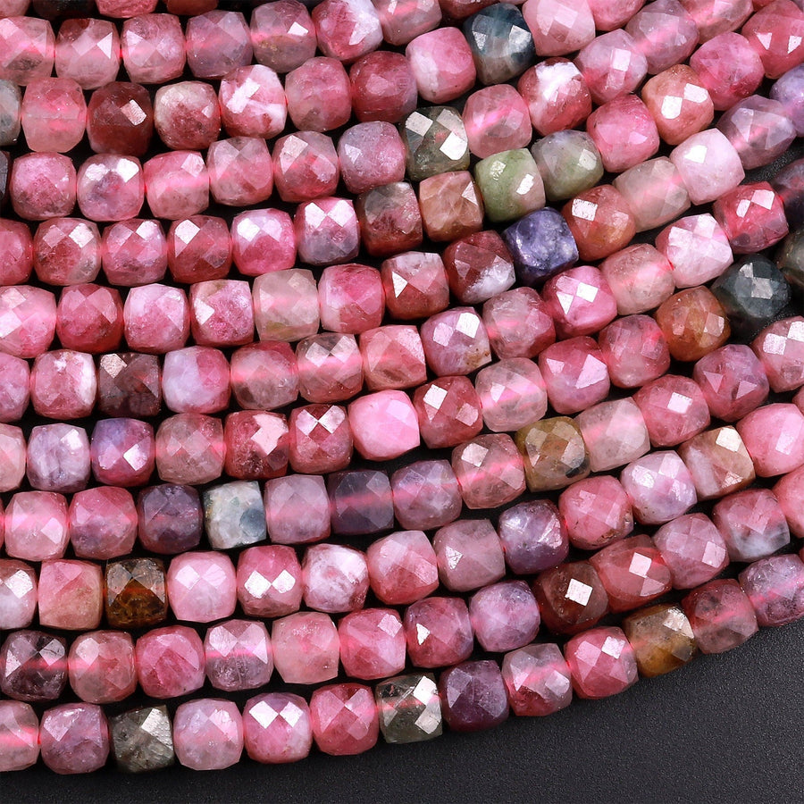 Natural Pink Tourmaline Faceted 4mm Cube Square Dice Beads Gemstone 15.5" Strand