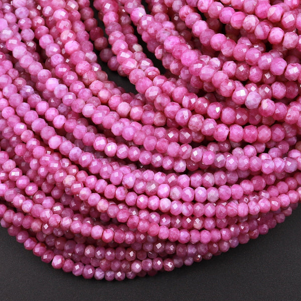 Genuine Natural Burma Pink Sapphire Faceted Rondelle 3mm 4mm Beads Sparkling Real Genuine Pink Gemstone 16" Strand