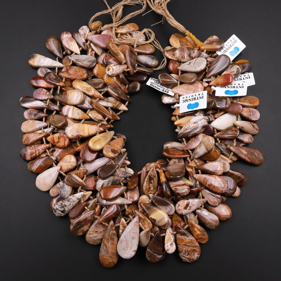 Natural Petrified Wood Teardrop Beads Top Side Drilled Pendant Focal Earthy Brown Tan Beige Taupe 15.5" Strand