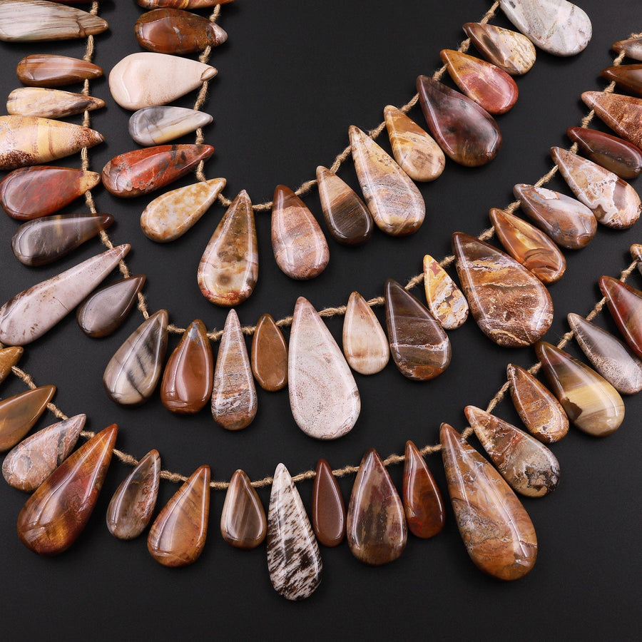 Natural Petrified Wood Teardrop Beads Top Side Drilled Pendant Focal Earthy Brown Tan Beige Taupe 15.5" Strand