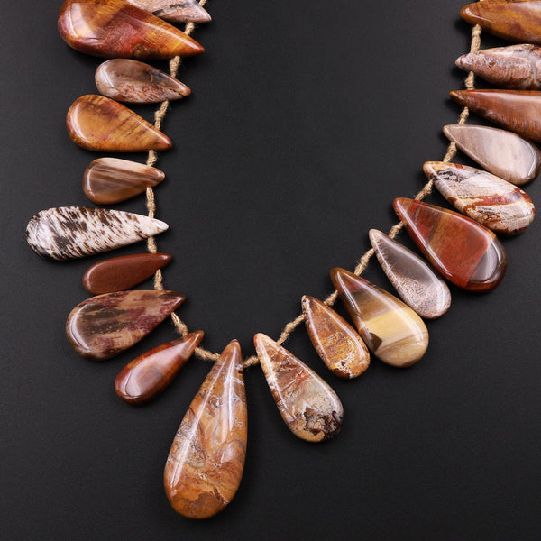 Natural Petrified Wood Teardrop Beads Top Side Drilled Pendant Focal Earthy Brown Tan Beige Taupe 15.5" Strand