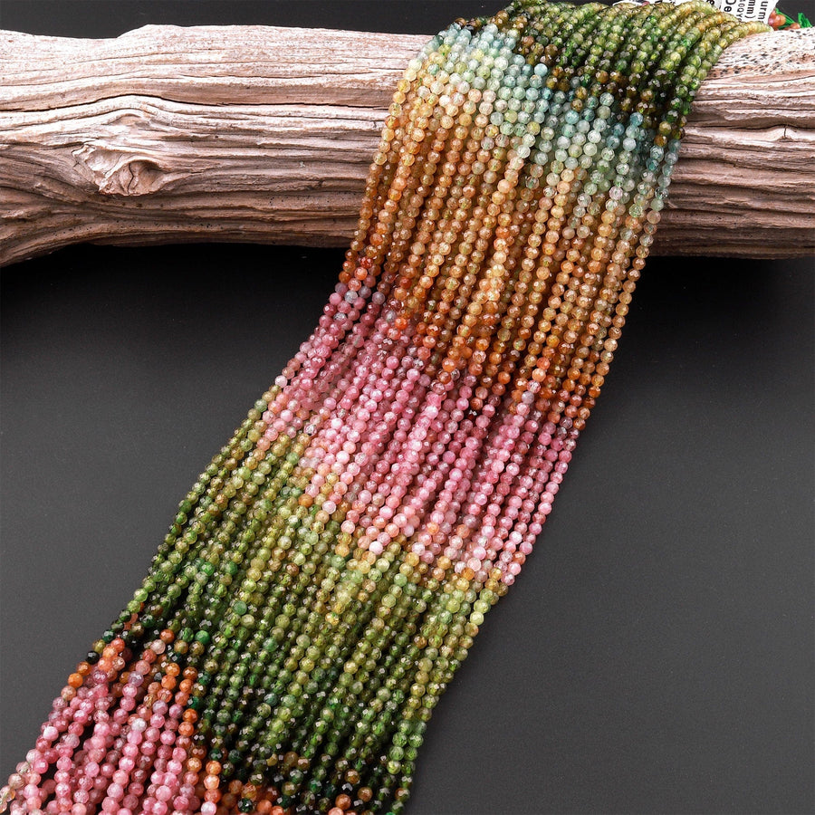 AAA Natural Multicolor Pink Green Yellow Tourmaline Micro Faceted 3mm Rondelle Gemstone Beads 15.5" Strand