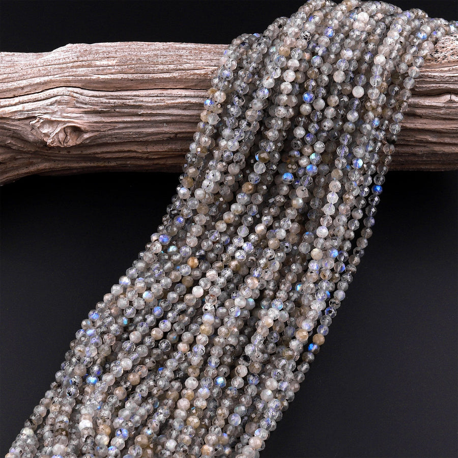 Flashy Micro Faceted Natural Labradorite 4mm Round Beads 15.5" Strand