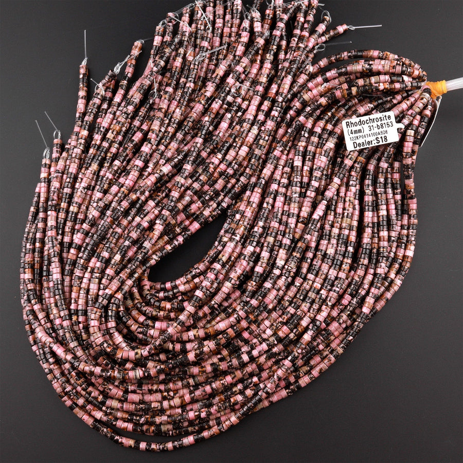 Natural Rhodonite 4mm Heishi Rondelle Beads 15.5" Strand